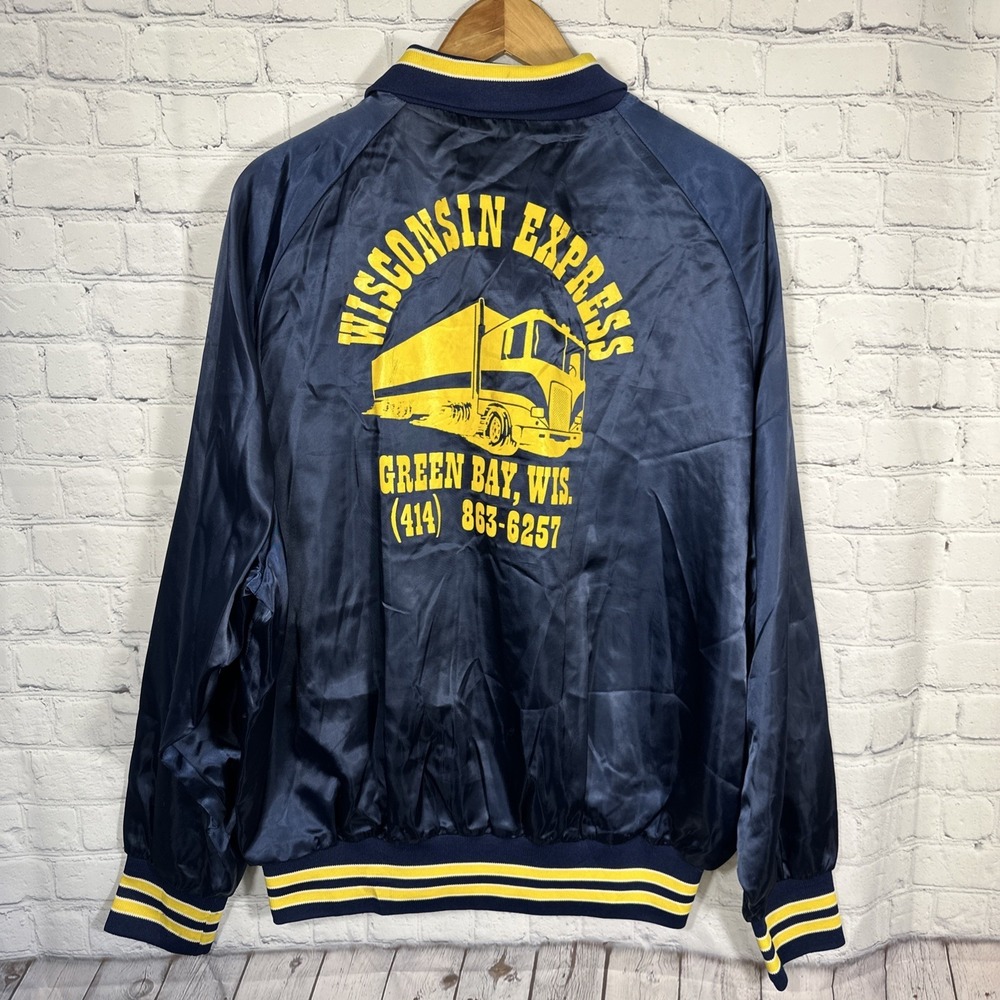 Vintage 80s Aristo Jac Satin Bomber Jacket Blue Large Wisconsin Express Trucking